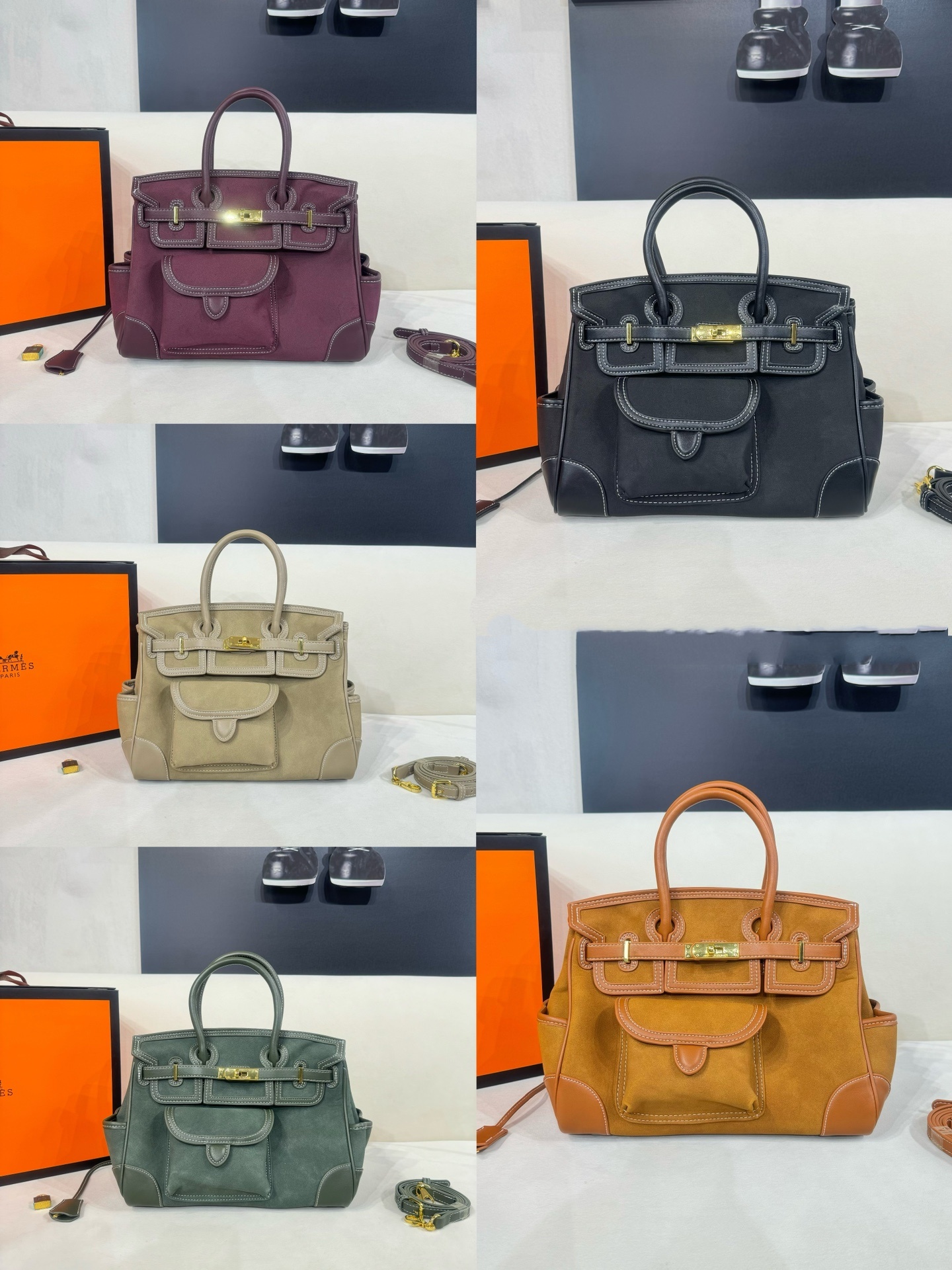 Hermès-birkin color-block canvas bag